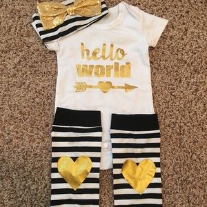 Hello World onesie with leg warmers and headband!